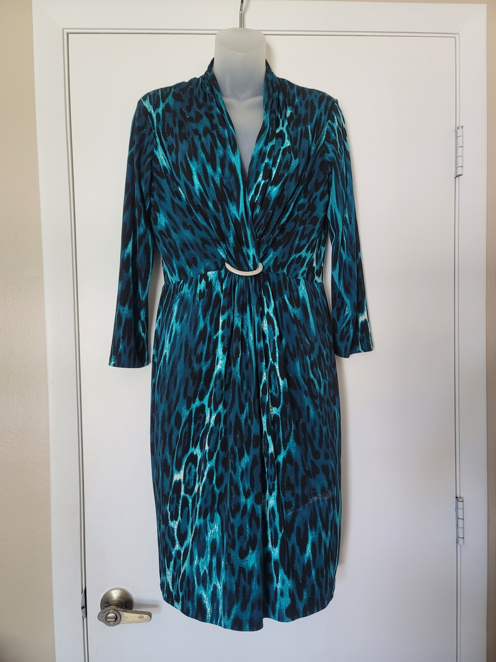 Teal Animal-Print Long Sleeve Dress with Ring Detail